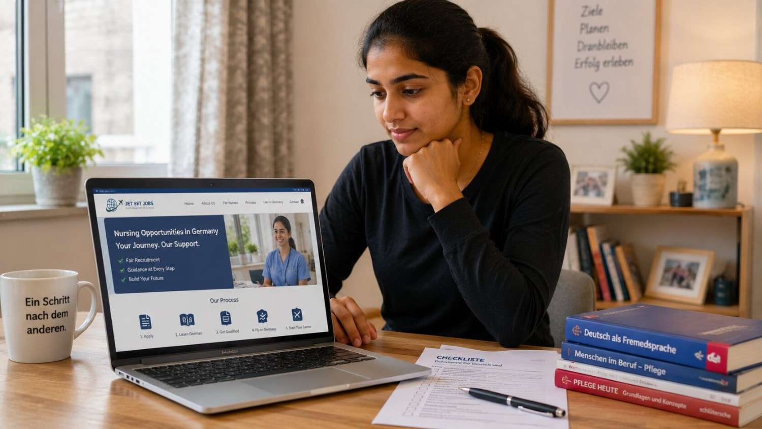 Indian nurse checking an agency's licence on a laptop before signing