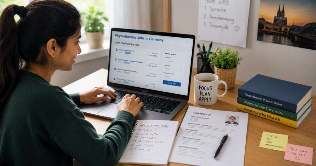 Indian physiotherapist searching for physiotherapy jobs in Germany on a laptop in 2026