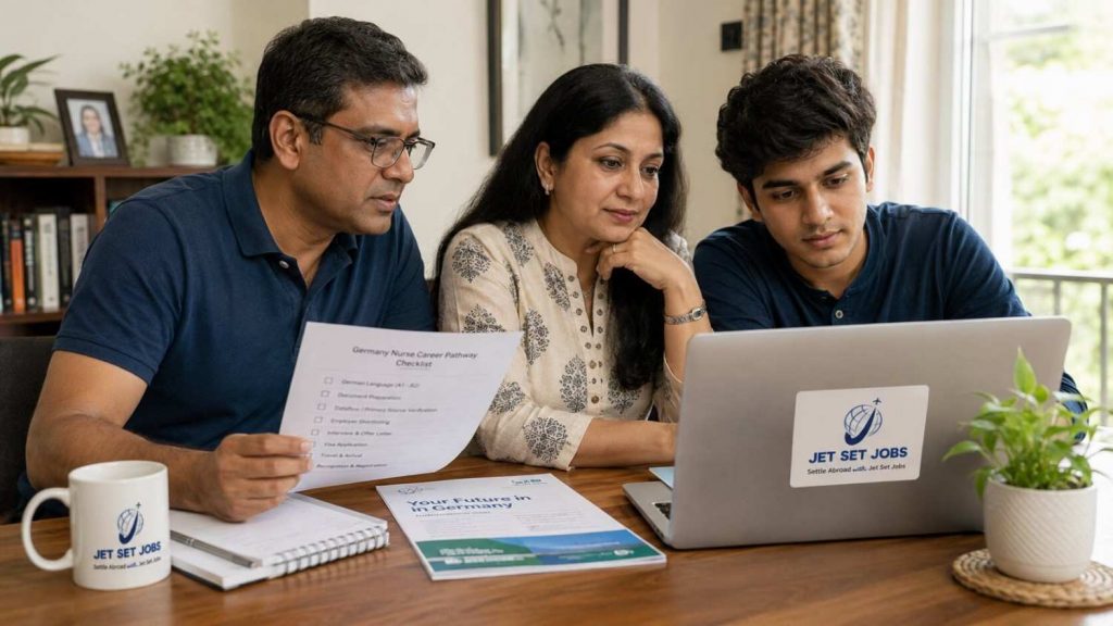 Indian family carefully checking an Ausbildung consultancy's credentials before paying
