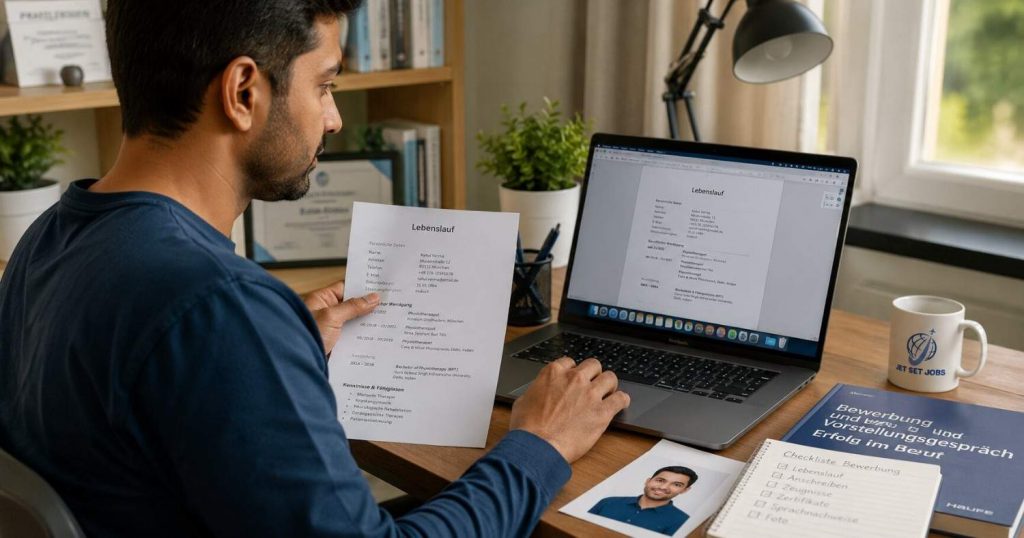 Indian physiotherapist preparing a German CV Lebenslauf on a laptop in 2026