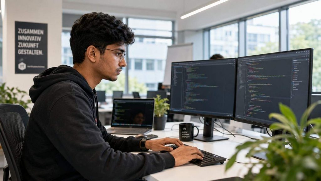 Indian IT Ausbildung trainee coding at a workstation in a German tech company