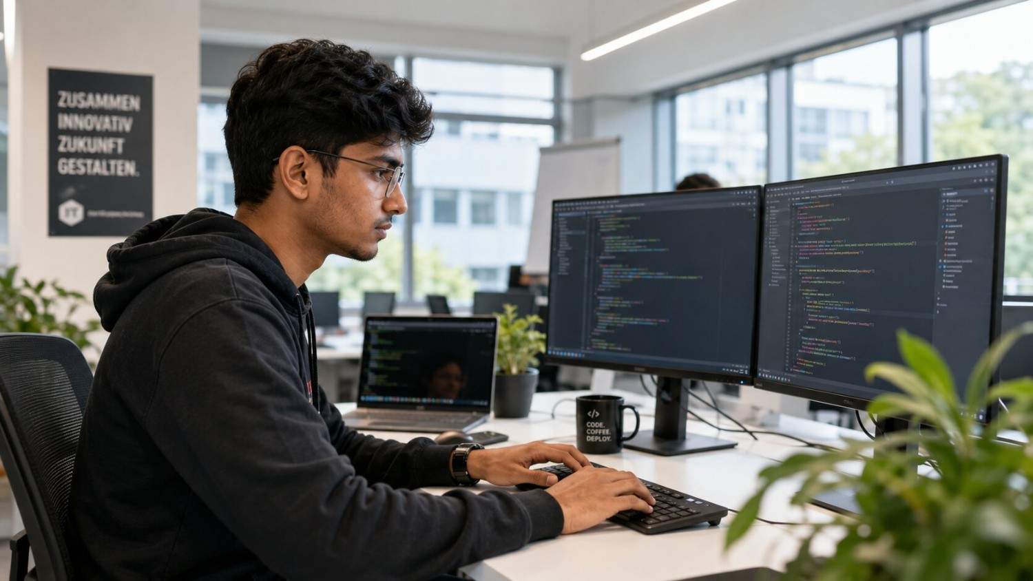 Indian IT Ausbildung trainee coding at a workstation in a German tech company