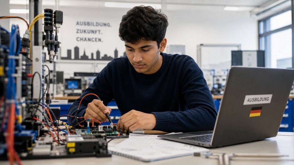 Young Indian Science student training on technical equipment in a German workshop during Ausbildung