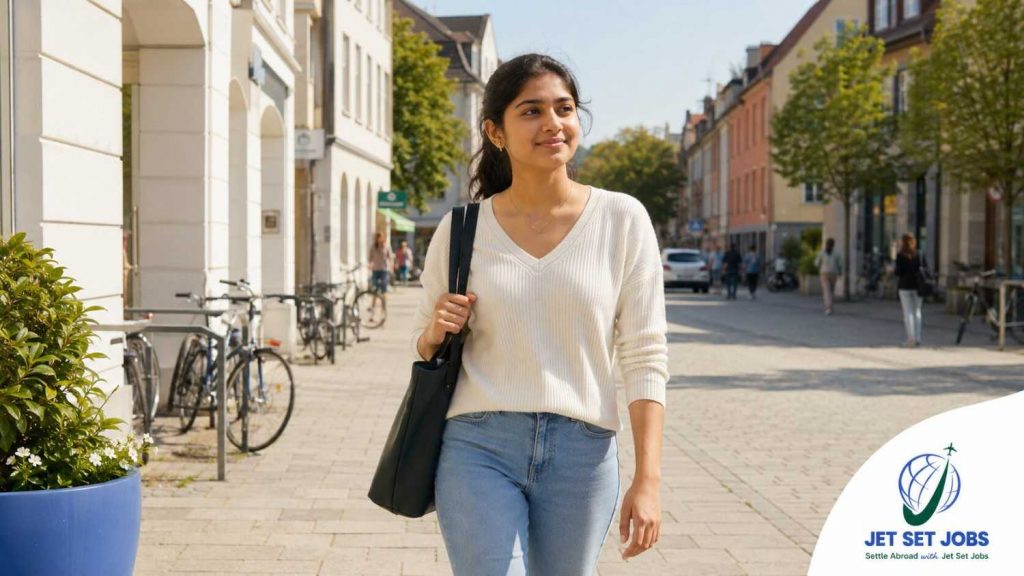 Young Indian trainee walking confidently and safely through a calm German town
