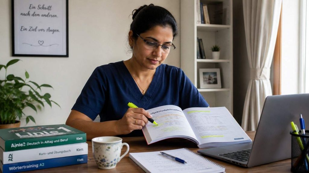 Confident Indian nurse in her early 40s studying German, warm and determined