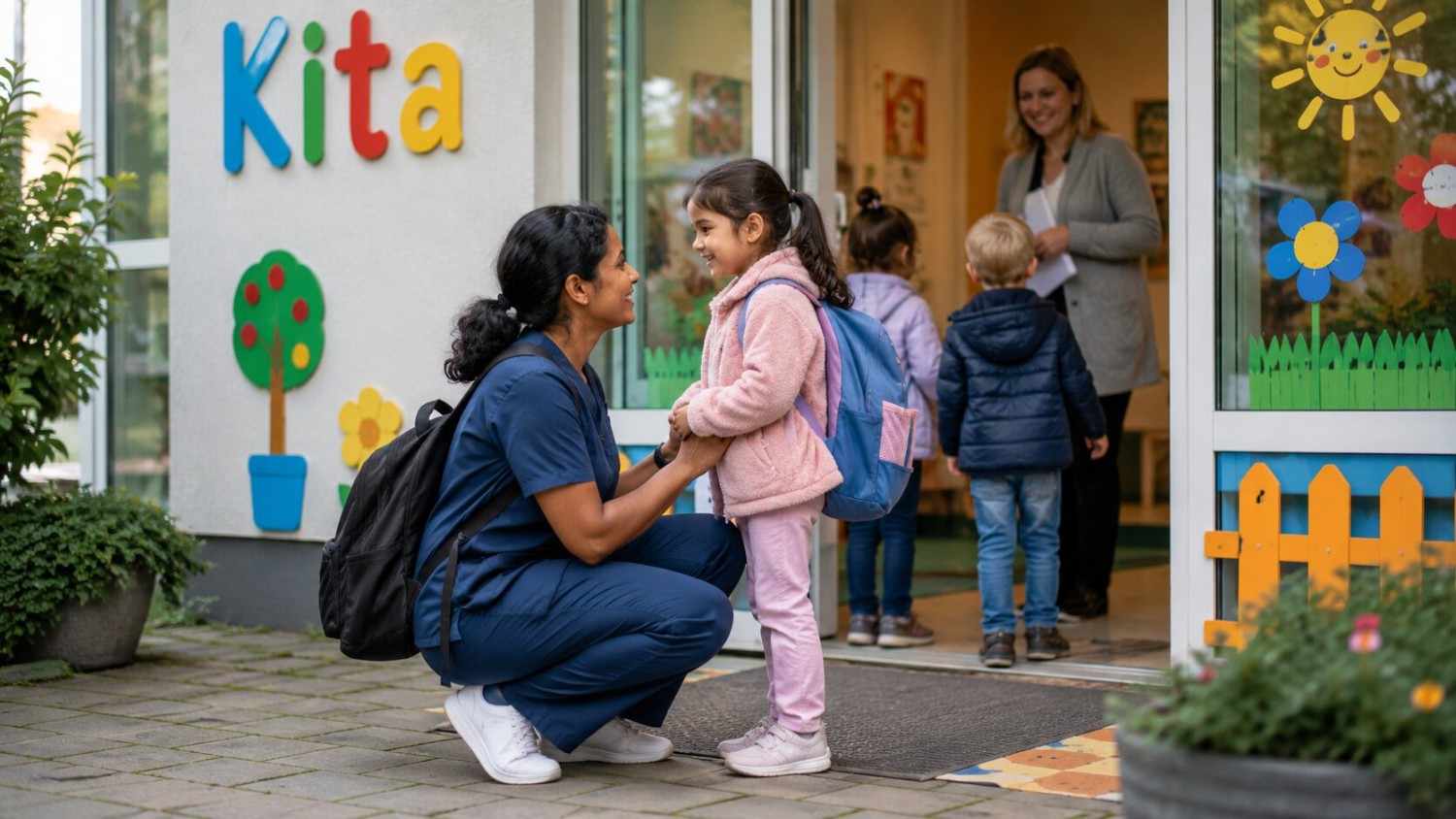 Indian nurse dropping her young child at a bright German Kita, both smiling