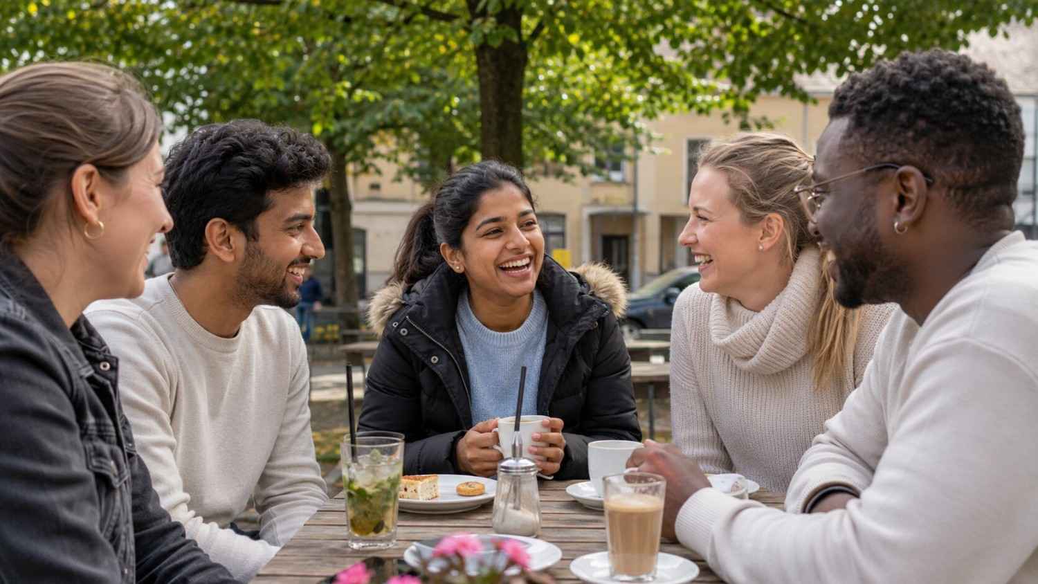 Indian nurse laughing with a diverse group of friends and colleagues in Germany