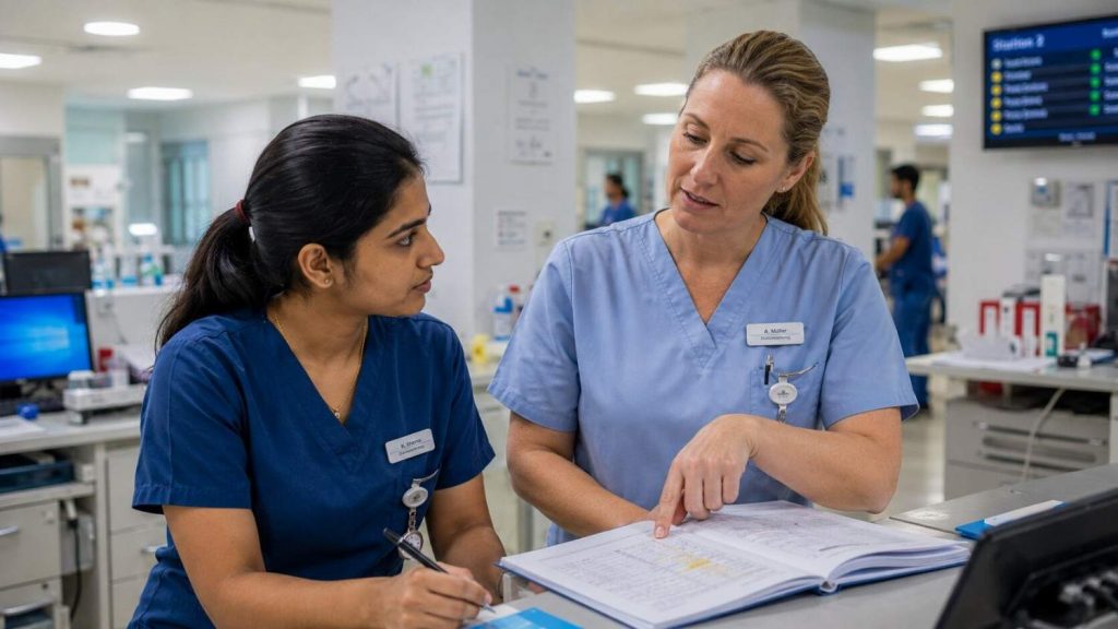 Indian nurse calmly asking a senior colleague for guidance at a nurses' station