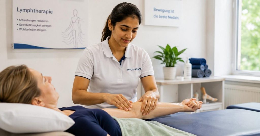 Indian physiotherapist performing manual lymphatic drainage MLD on a patient in a German clinic in 2026