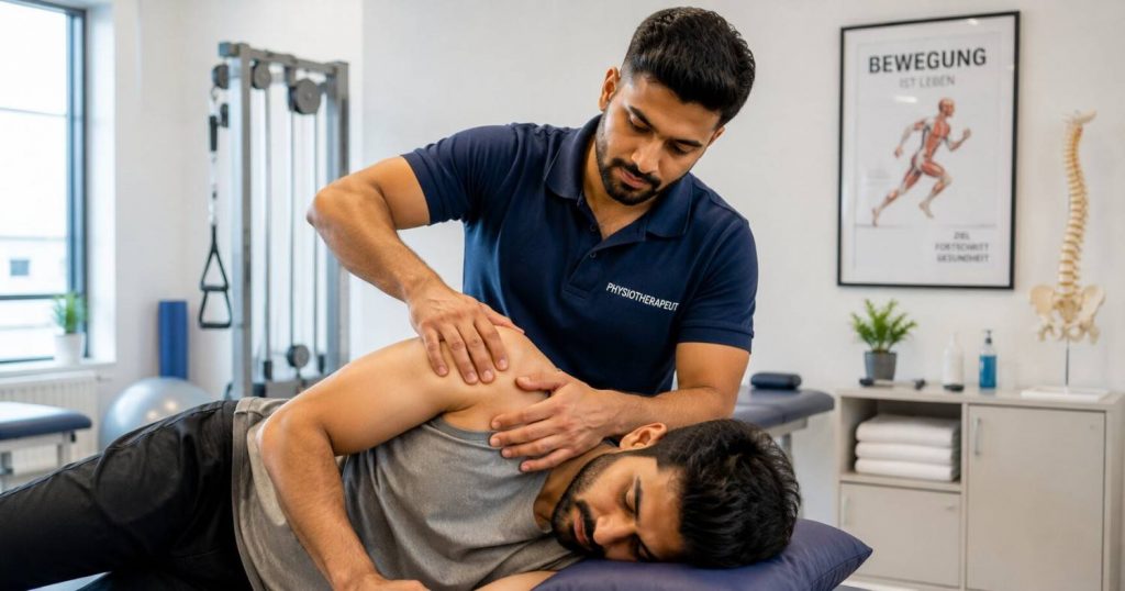 Indian physiotherapist performing Manuelle Therapie manual therapy on a patient in a German clinic in 2026