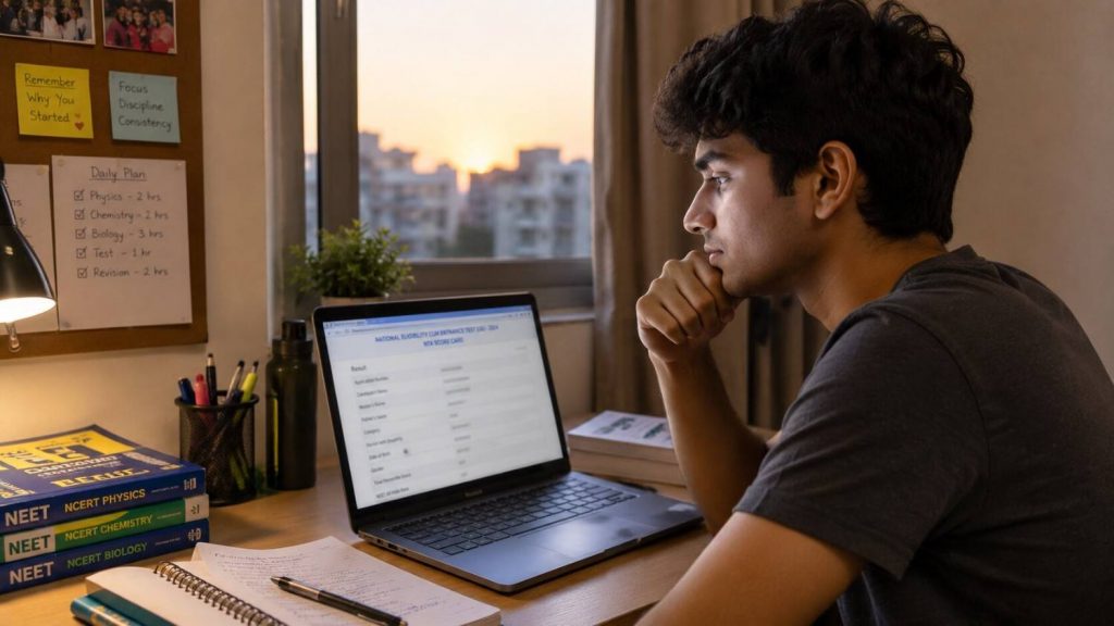 Indian PCB student sitting thoughtfully with a laptop after the NEET result, weighing career options