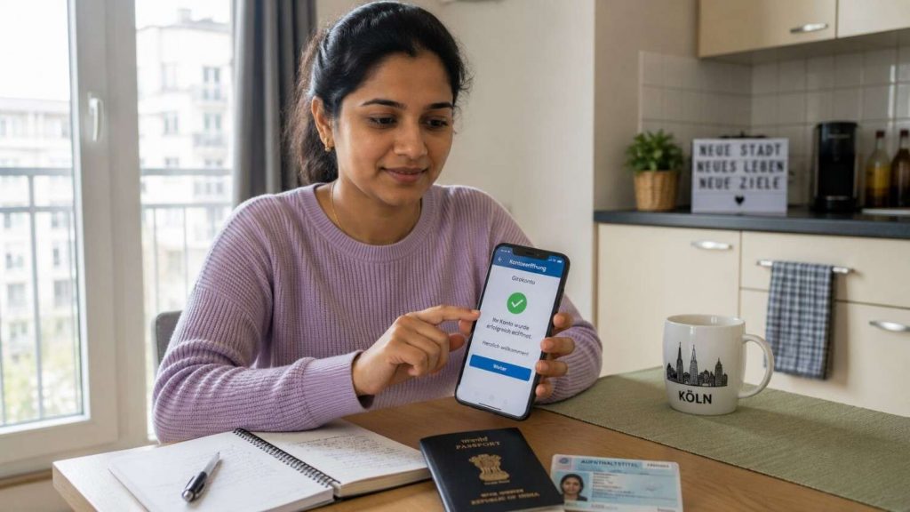 Indian nurse opening a bank account on her phone in a German apartment