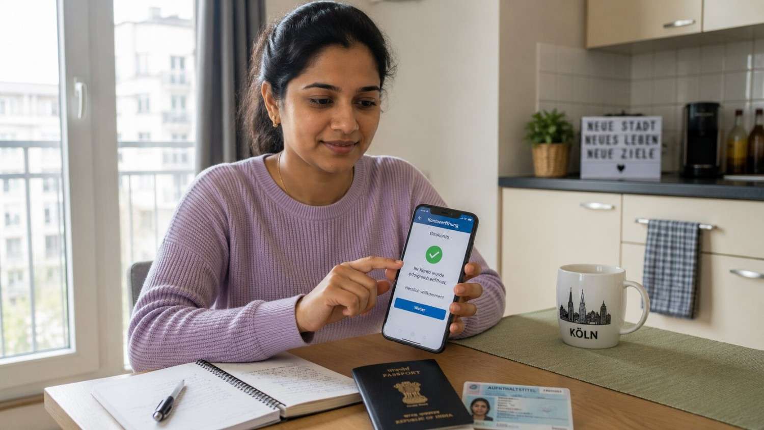 Indian nurse opening a bank account on her phone in a German apartment