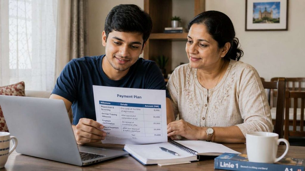 Indian student reviewing an Ausbildung payment plan with milestone instalments on a laptop