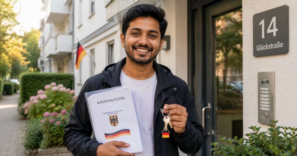Indian physiotherapist holding a German permanent residence settlement permit document in 2026