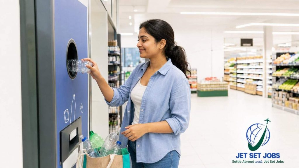 Indian nurse returning bottles at a supermarket Pfand machine, amused and at ease