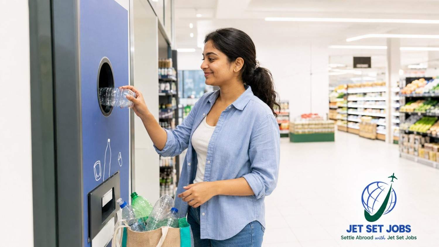 Indian nurse returning bottles at a supermarket Pfand machine, amused and at ease
