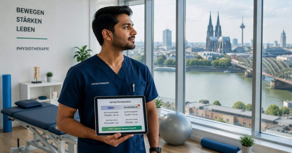 Indian physiotherapist comparing city salary options in Germany for 2026 in a modern clinic