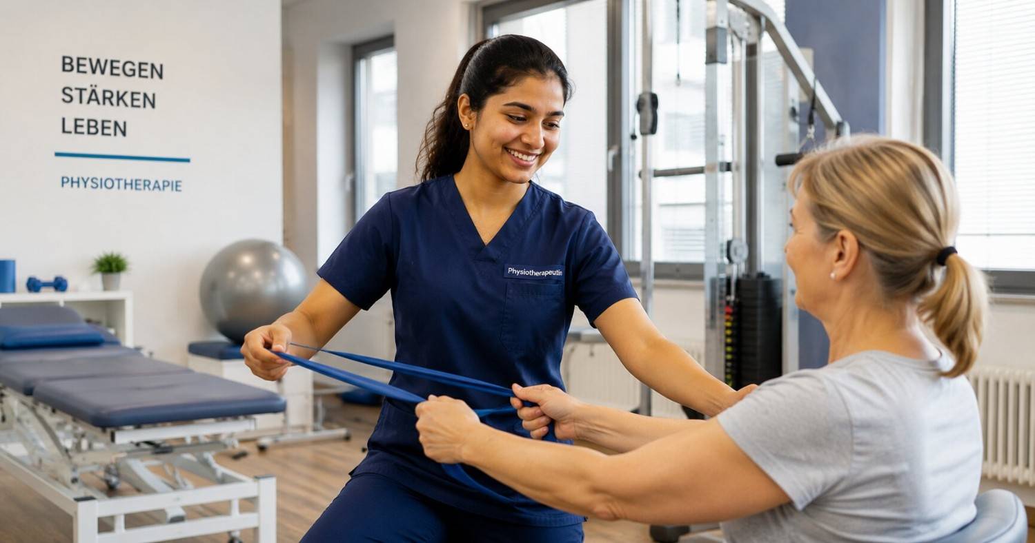 Indian physiotherapist working in a German rehabilitation clinic, comparing pay across facility types in 2026