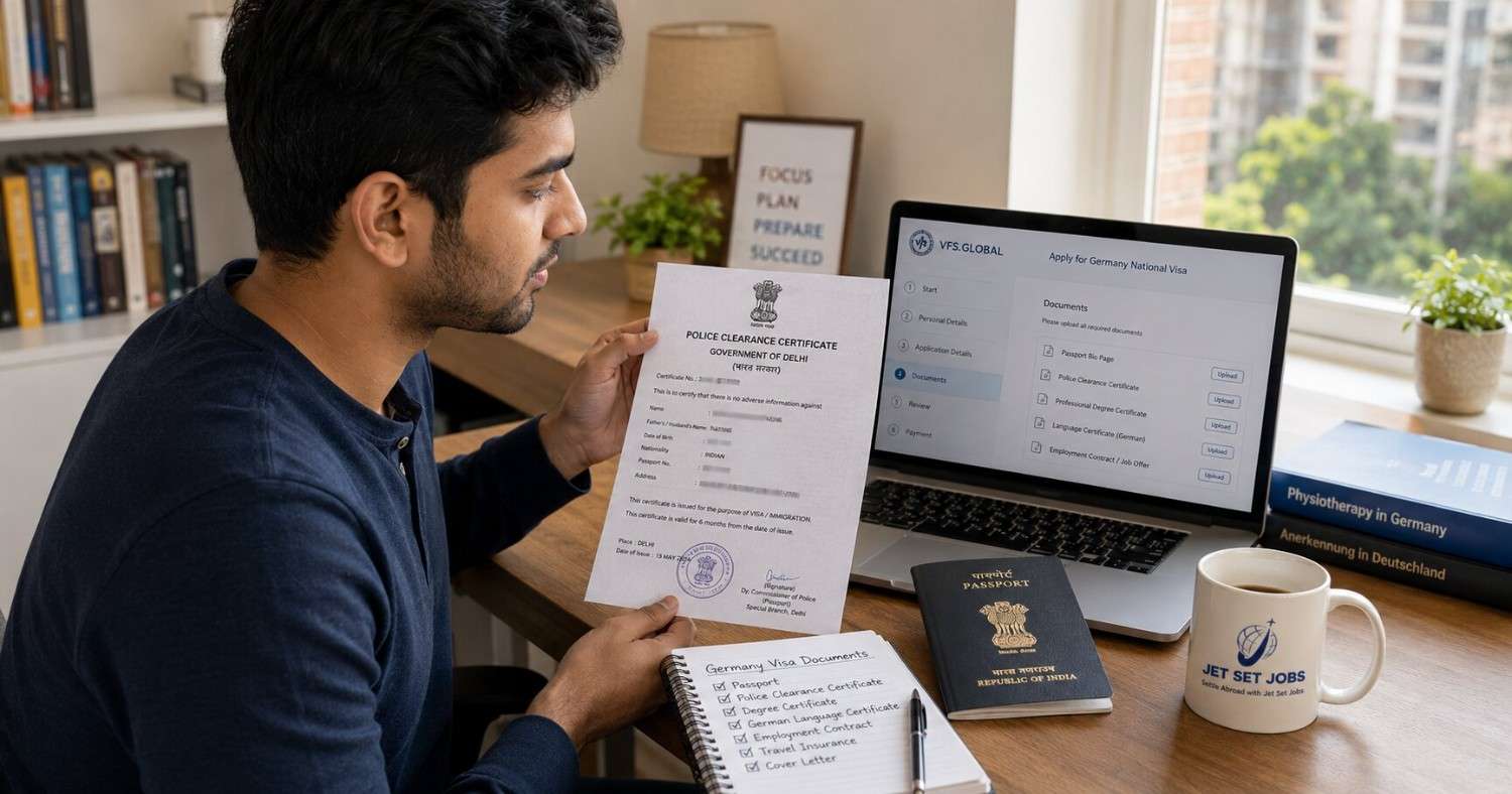 Indian physiotherapist holding a police clearance certificate for a Germany visa application in 2026