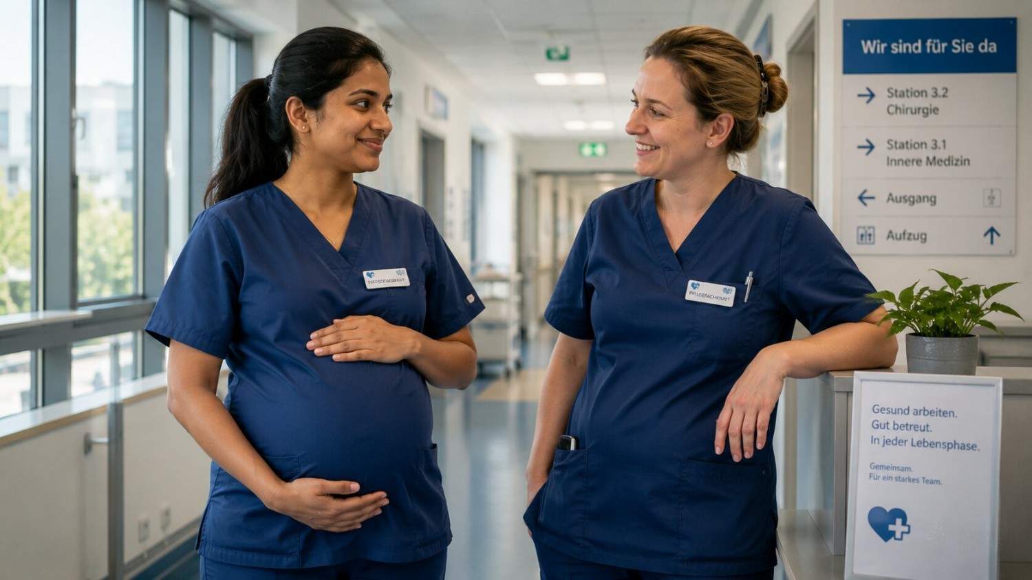 Pregnant Indian nurse smiling calmly in a German hospital corridor, protected and supported