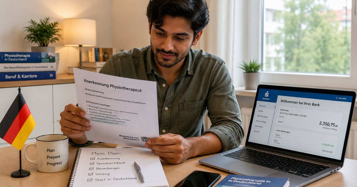 Indian physiotherapist reviewing German recognition visa financial documents and blocked account details for 2026