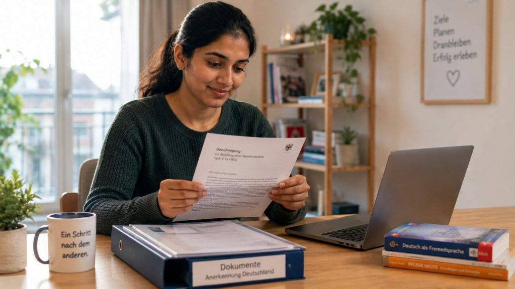 Indian nurse reviewing her recognition assessment letter at a table