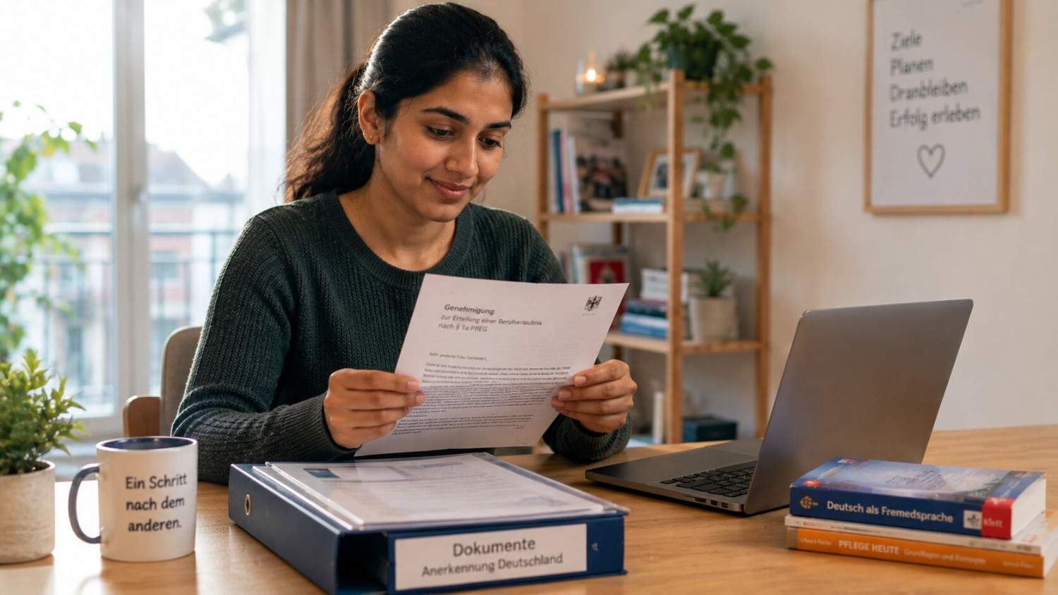 Indian nurse reviewing her recognition assessment letter at a table