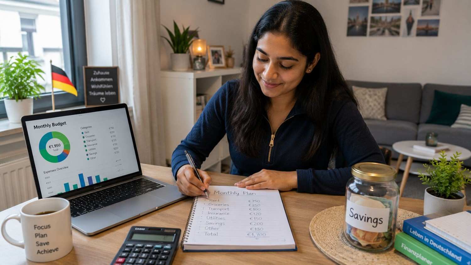 Indian nurse planning her monthly budget and savings at home in Germany