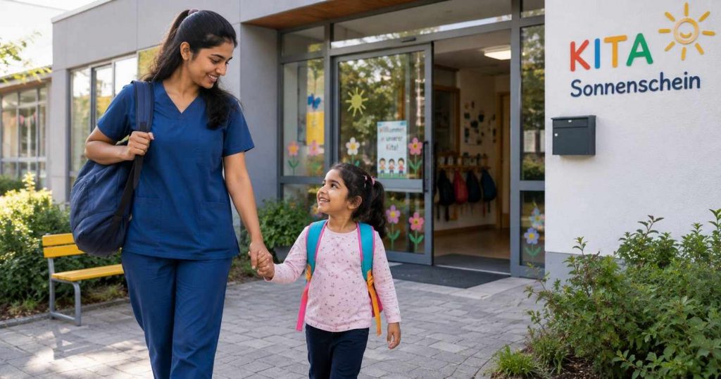 Indian nurse mother dropping her young child at a German Kita on a bright morning