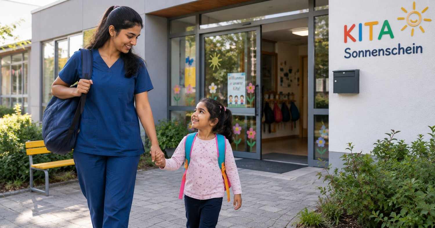Indian nurse mother dropping her young child at a German Kita on a bright morning