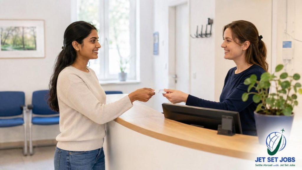 Indian nurse as a patient checking in at a friendly German doctor's practice reception