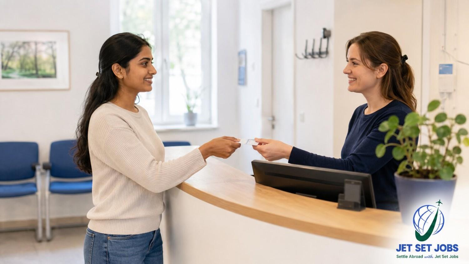 Indian nurse as a patient checking in at a friendly German doctor's practice reception