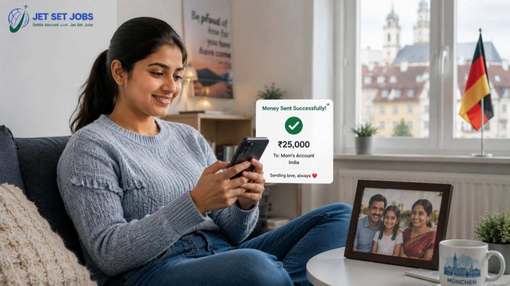 Indian nurse sending money home to her family in India using her phone in Germany