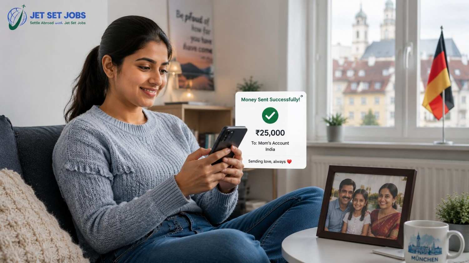 Indian nurse sending money home to her family in India using her phone in Germany