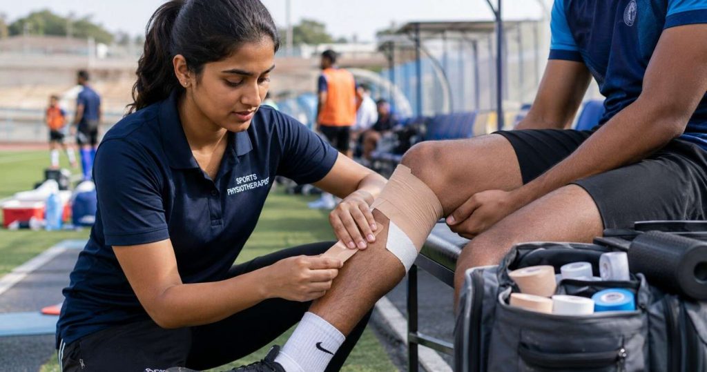 Indian sports physiotherapist treating an athlete in a pitch-side or clinic setting in Germany in 2026