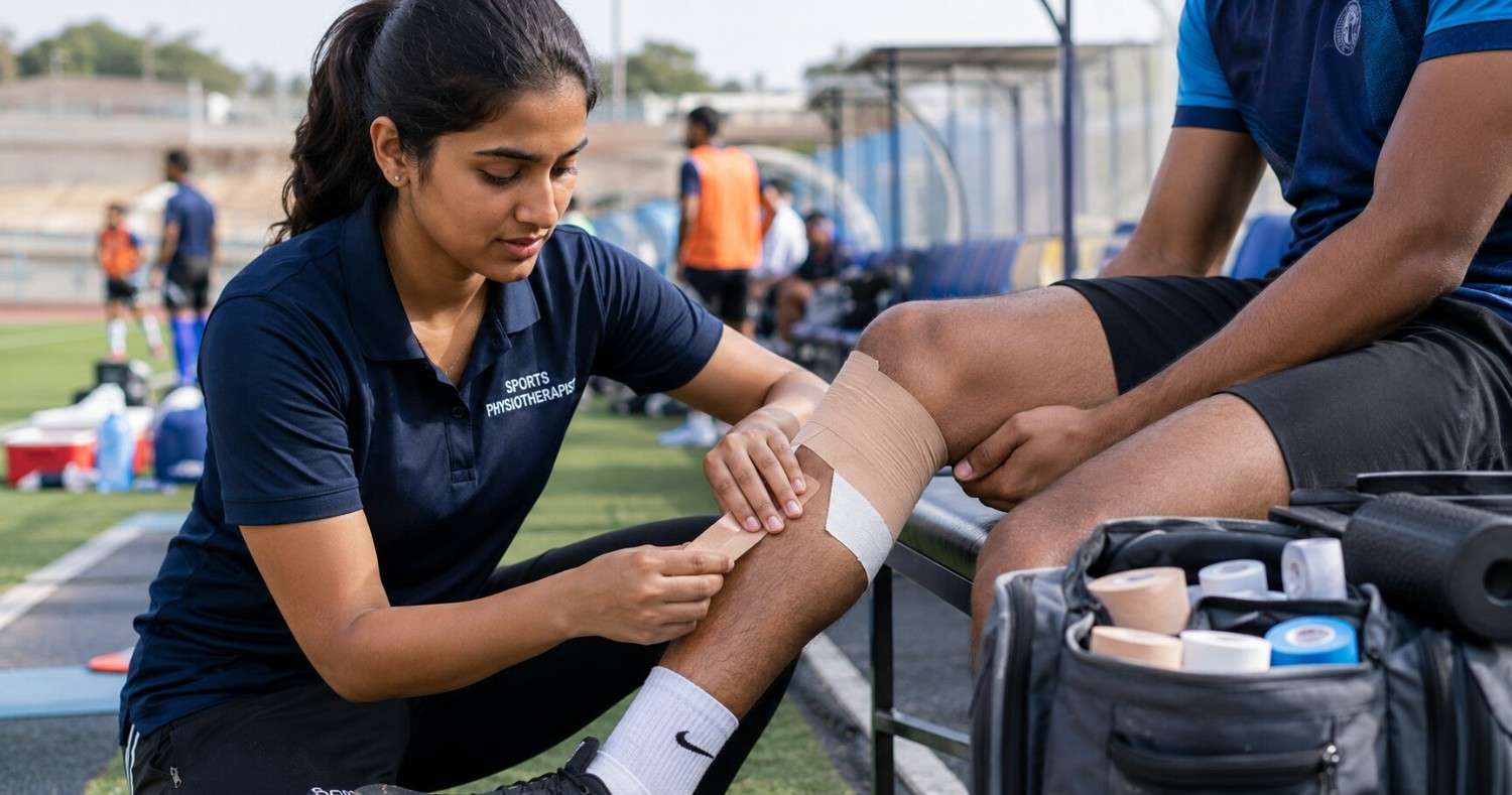 Indian sports physiotherapist treating an athlete in a pitch-side or clinic setting in Germany in 2026