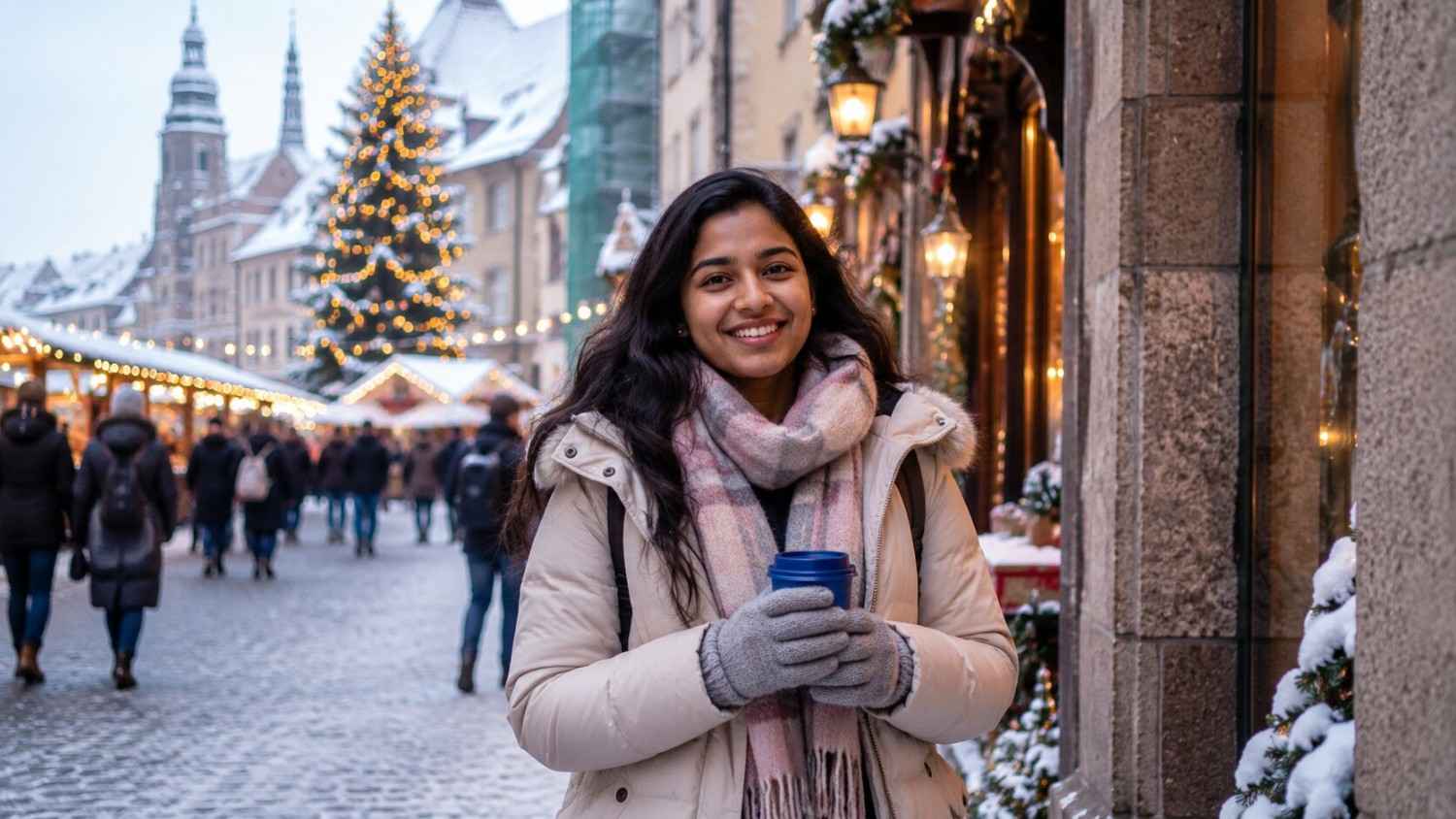 Indian nurse warmly dressed in a winter coat enjoying a snowy street in Germany