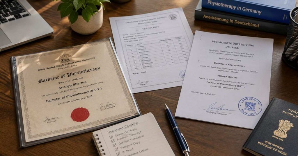 Indian physiotherapist's documents being prepared for sworn German translation in 2026
