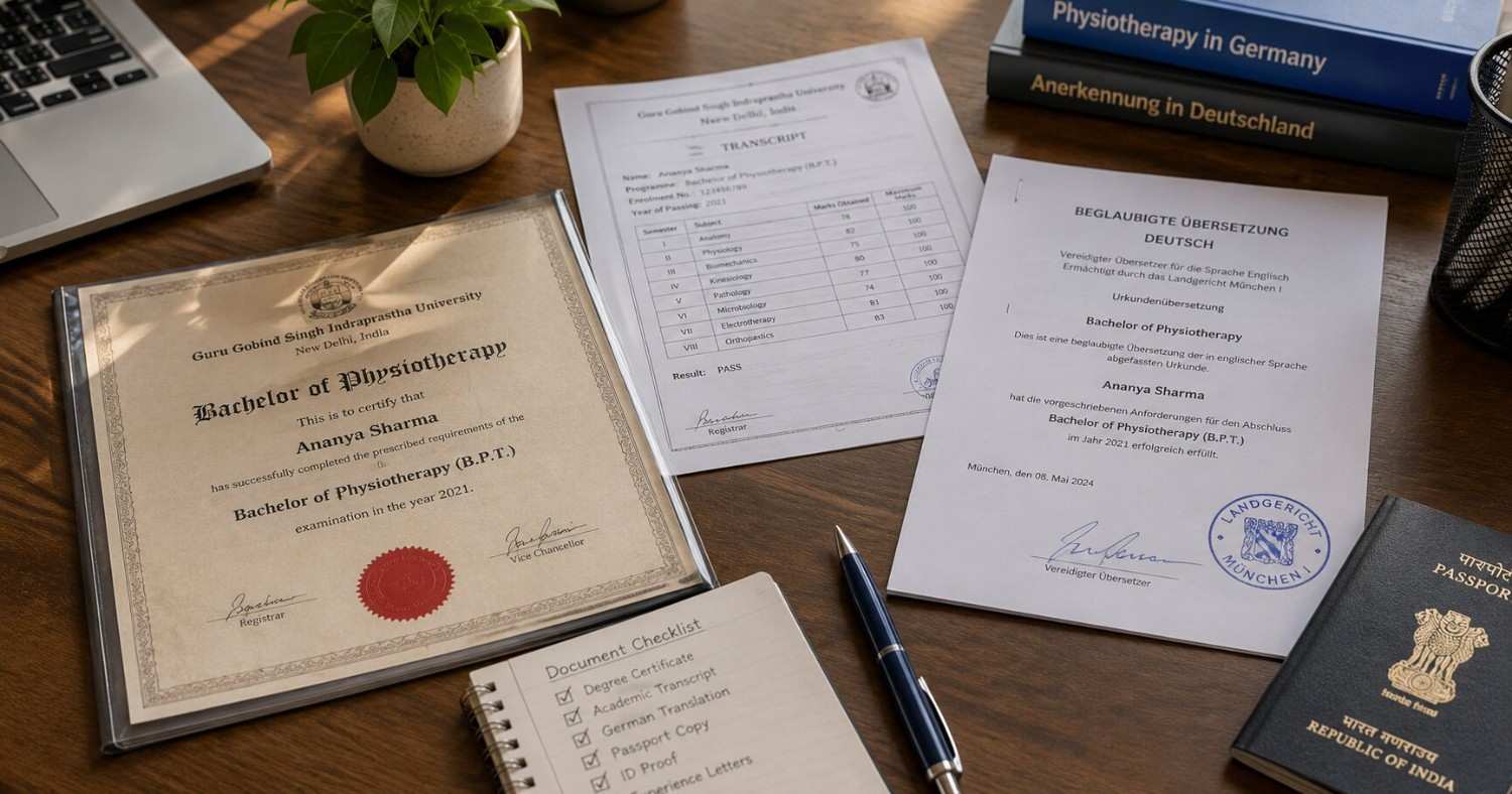 Indian physiotherapist's documents being prepared for sworn German translation in 2026