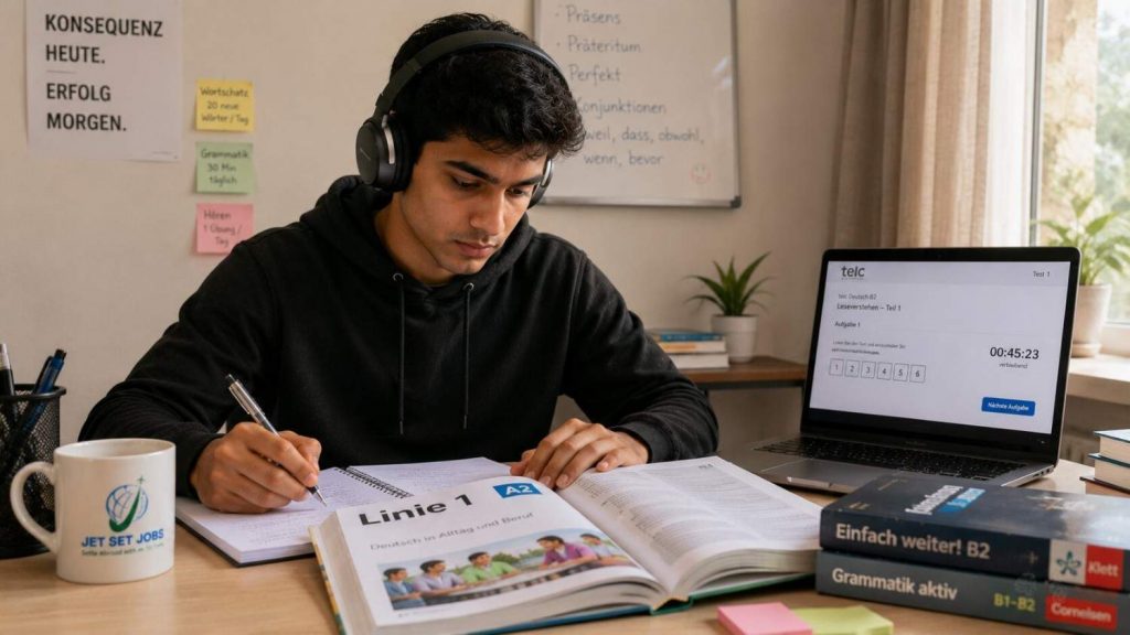 Indian student preparing for the B2 German exam with study materials and a laptop