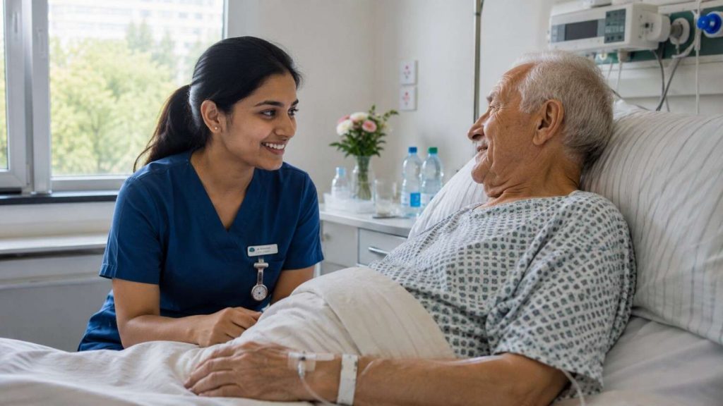 Indian nurse sitting warmly beside an elderly German patient, listening and reassuring