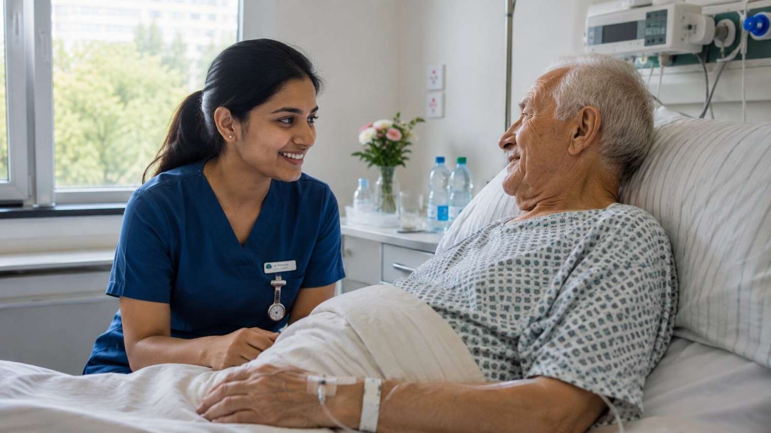 Indian nurse sitting warmly beside an elderly German patient, listening and reassuring