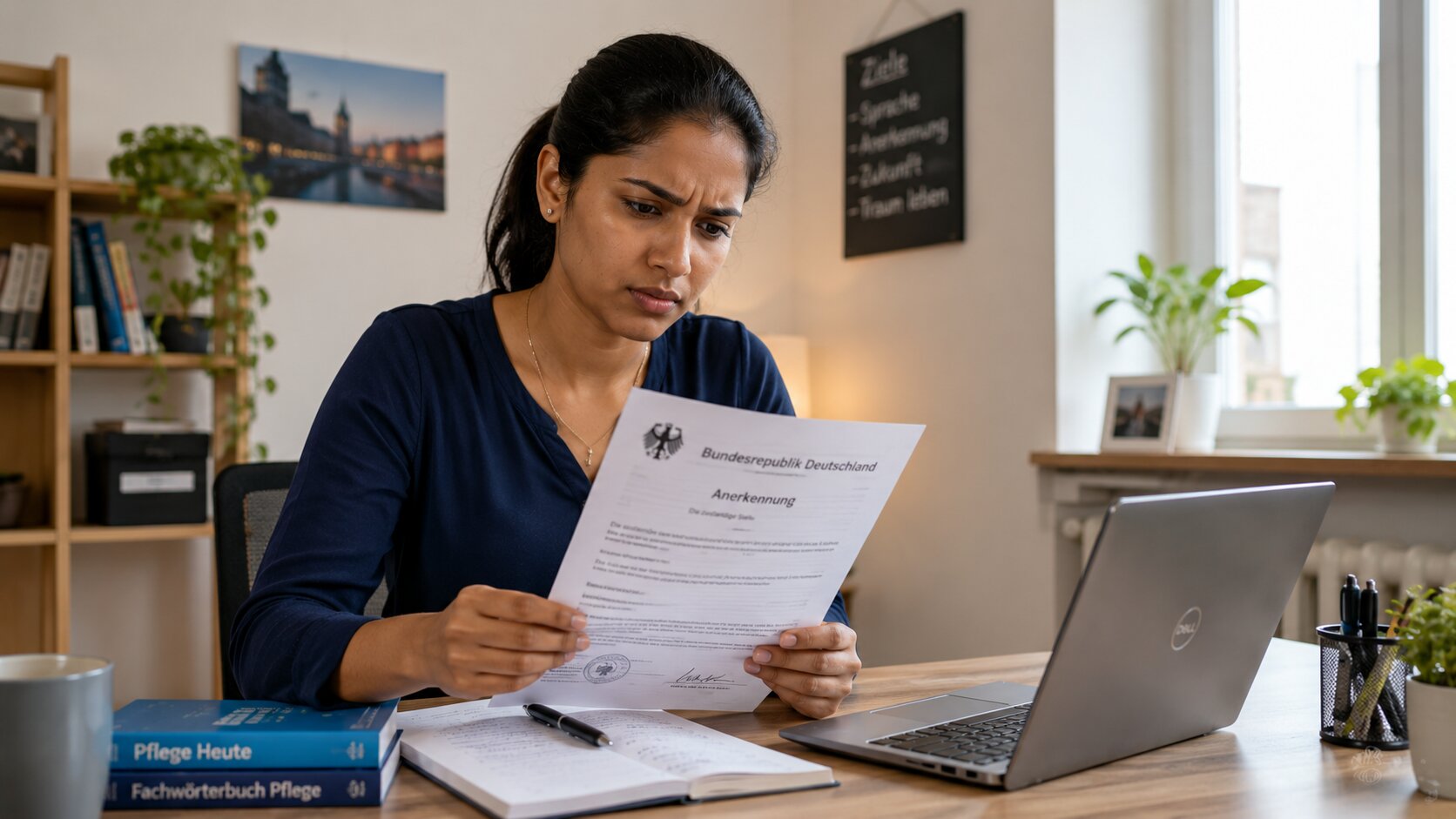 Indian nurse looking thoughtfully at a document, questioning whether an apostille is really needed