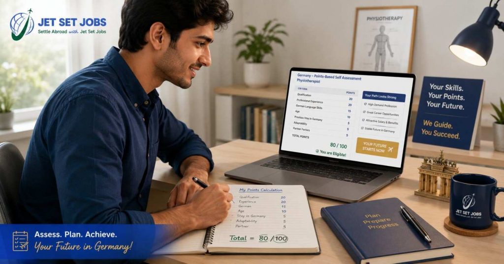 An Indian physiotherapist reviewing the Chancenkarte points system on a laptop