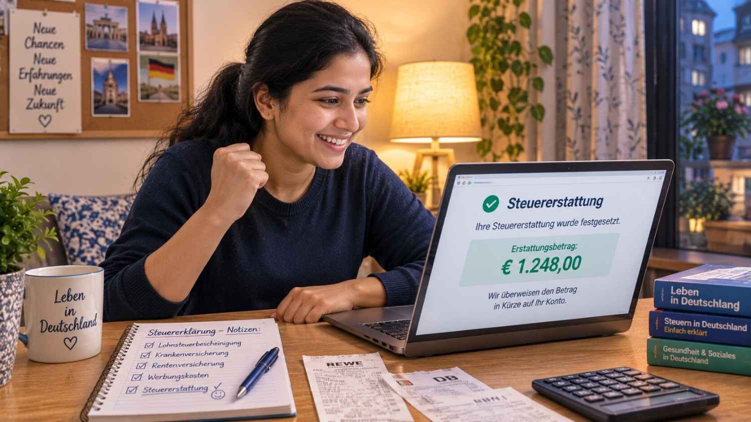 Indian nurse smiling while checking a tax refund notification on her laptop at home