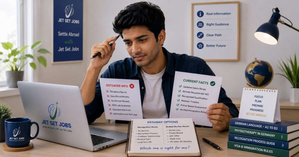 An Indian physiotherapist researching Germany job-search visa options at a desk