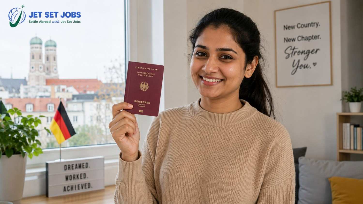 Indian nurse holding a German passport, proud of building a long-term future in Germany