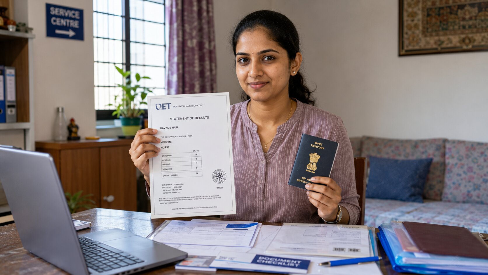 Indian nurse holding a Police Clearance Certificate document, organised and prepared