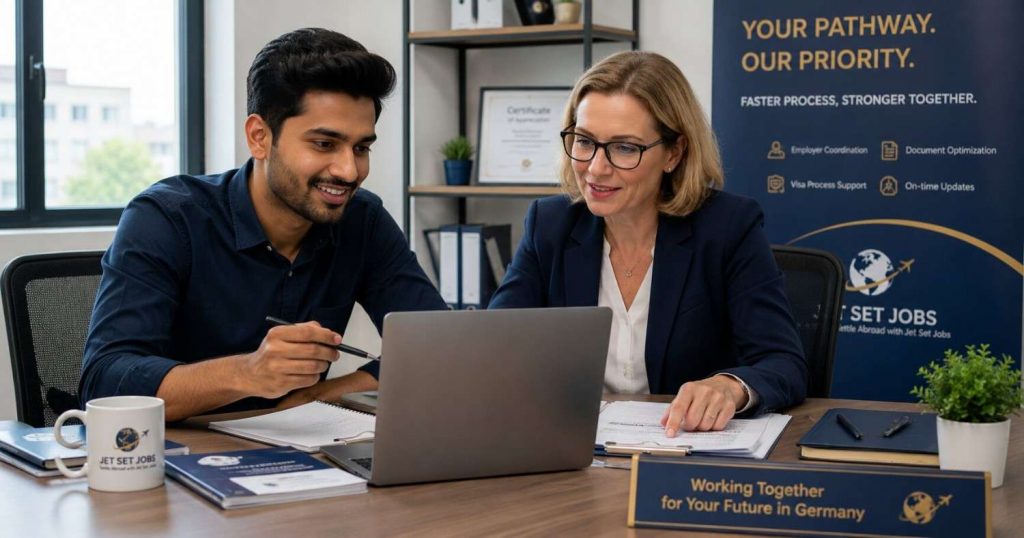 An Indian physiotherapist and a German employer coordinating a fast-tracked visa application